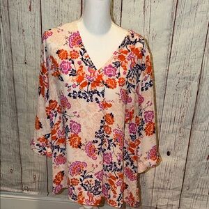 Rose & Olive Floral V-Neck Blouse - Orange, Pink, Purple